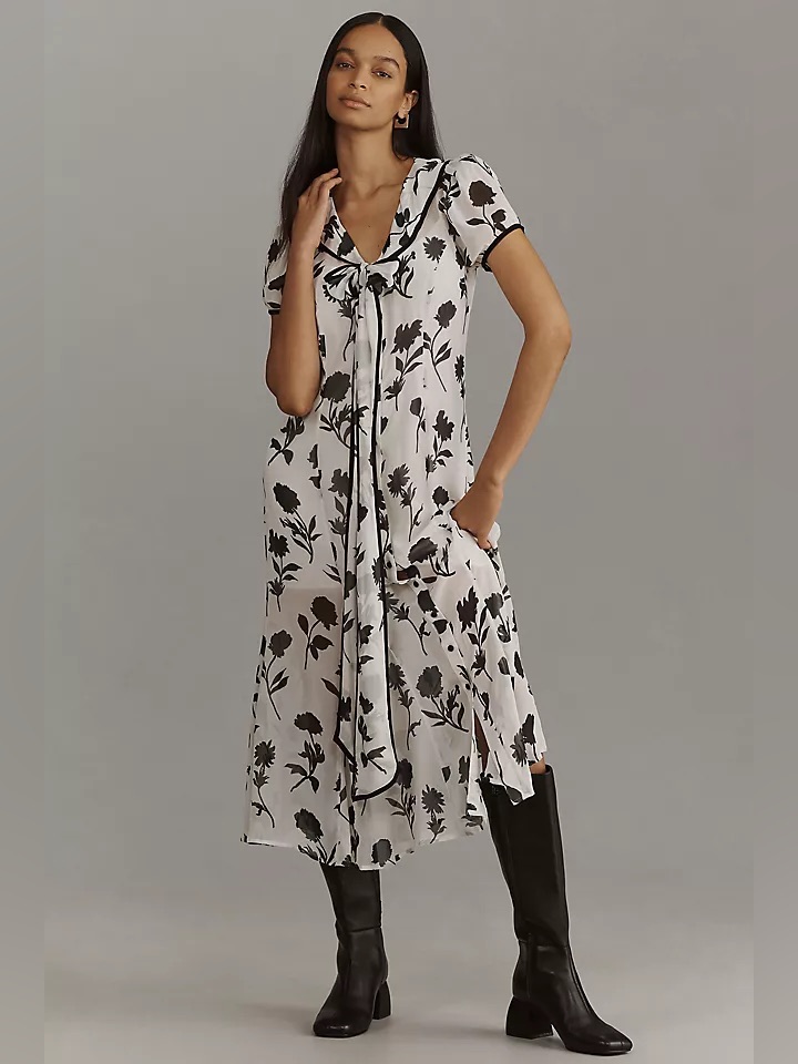 Maeve Short-Sleeve Tie-Neck Midi Shirt Dress Size L